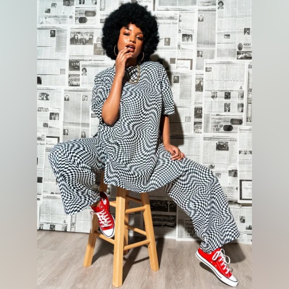 Dressed in LALA Black and White Checkered Wide Leg Jumpsuit